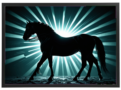 En dramatisk silhuet af en hest, der står i spotlight med strålende lys i baggrunden.