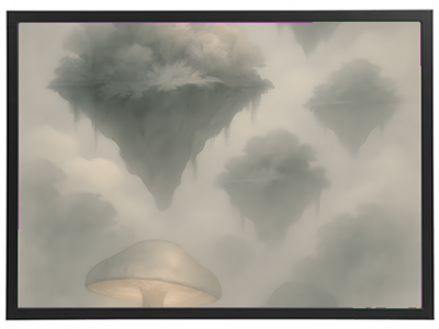 Et surrealistisk billede med svævende skyer og en stor svamp i forgrunden.