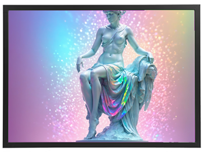 En elegant skulptur af en kvinde i en farverig, glitrende baggrund.