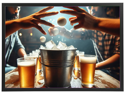 To personer spiller et ølspil med kegler og bolde, omgivet af ølglas.