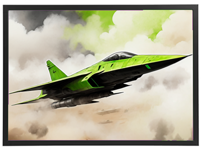 Et stiliseret billede af et grønt jagerfly, der flyver gennem dramatiske skyer.