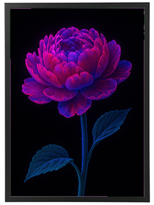 En smuk, detaljeret illustration af en peon med intense neonfarver på en sort baggrund.