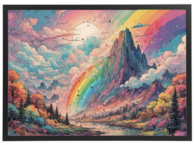 Et fantasifuldt landskab med en majestætisk bjergtop, regnbue og blomstrende træer.