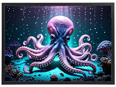 En livlig blæksprutte svømmer blandt koraller i et farverigt undervandsmiljø.