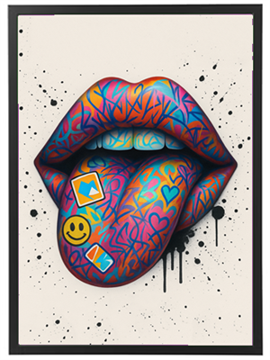 Et kreativt billede af en læbe med en farverig tunge, dekoreret med symboler.