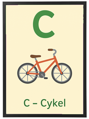 En illustration af bogstavet C med en cykel, der repræsenterer ordet cykel.
