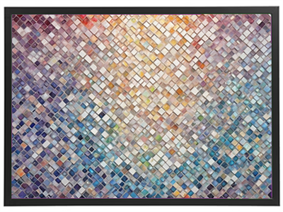 Et abstrakt billede af en mosaik lavet af små firkanter i forskellige farver og nuancer.