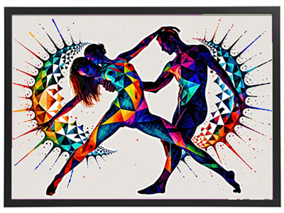 Et farverigt abstrakt maleri, der skildrer en mand og en kvinde i en dynamisk dans, omgivet af geometriske former.