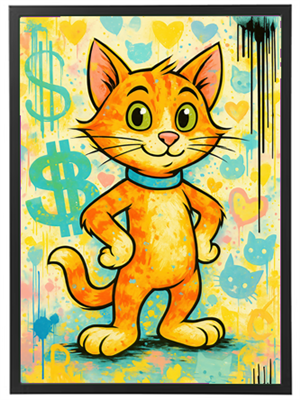 En farverig tegneseriekat med en glad mine, omgivet af penge-symboler og hjerter.