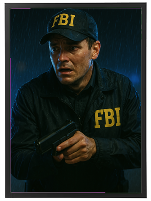 En FBI-agent står i regnen med en pistol, klar til at handle i en intens situation.