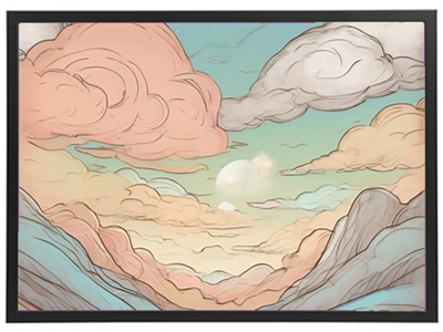 Et farverigt landskab med bløde, bølgende skyer og en rolig himmel.