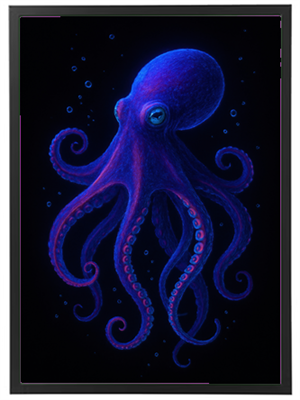 Et farverigt billede af en blæksprutte med strålende nuancer af blå og lilla, svævende i mørket.