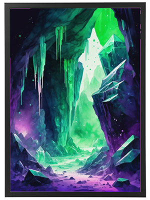 En farverig hule med glitrende krystaller og dramatiske grønne og lilla nuancer.