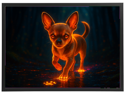 En lysende Chihuahua, der går gennem en mørk skov med glødende poteaftryk.