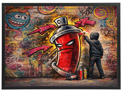 En graffitimaler står foran en farverig væg og maler en stor spraydåse med en dristig karakter.