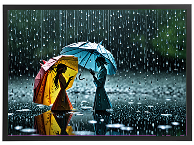 To personer under farverige paraplyer i regnen, der skaber en stemningsfuld atmosfære.