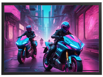 To motorcyklister kører gennem en futuristisk by med neonfarver og lys.