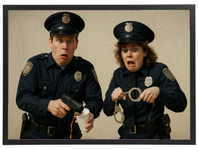 To betjente ser overraskede og komiske ud, mens de holder en pistol og håndjern.