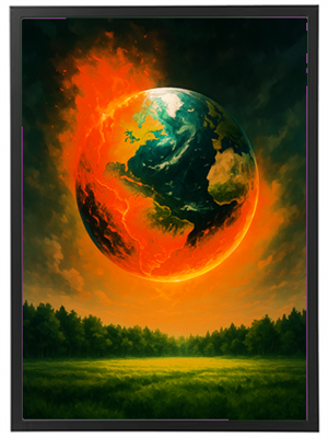 Et dramatisk billede af Jorden, der svæver over en skov, omgivet af flammer og røg.