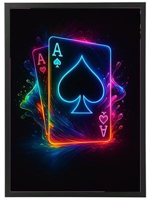Billedet viser to neonbelyste spillekort med es-symboler, omgivet af farverige effekter.