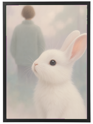 Et billede af en hvid kanin, der ser op, mens en person står i baggrunden i en tåget skov.