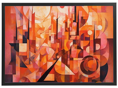 Et farverigt abstrakt maleri med geometriske former og nuancer af rød og orange.
