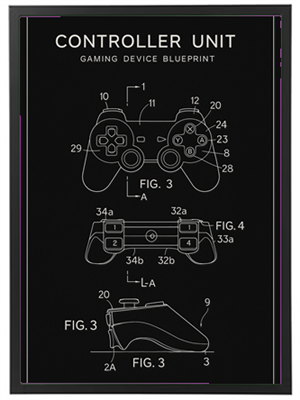 Illustration af en gaming controller med tekniske specifikationer og diagrammer.
