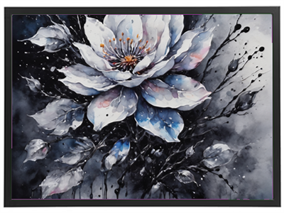 En smuk akvarel af en hvid blomst med detaljerede blade og en dramatisk baggrund.