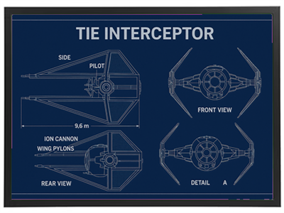 Illustration af TIE Interceptor med forskellige visninger og detaljer.
