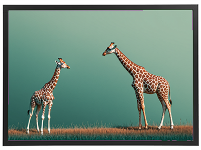 Et billede af to giraffer, der står på en græsmark med en grøn baggrund.