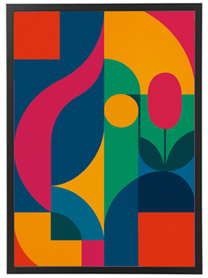 Et farverigt og abstrakt billede med geometriske former og blomstermotiver.