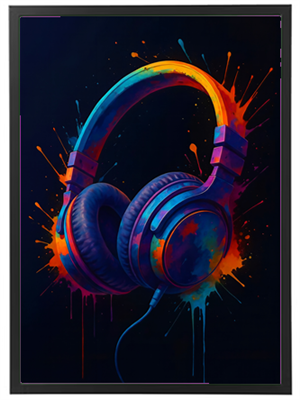 Et sæt hovedtelefoner prydet med sprøjtende farver på en mørk baggrund.