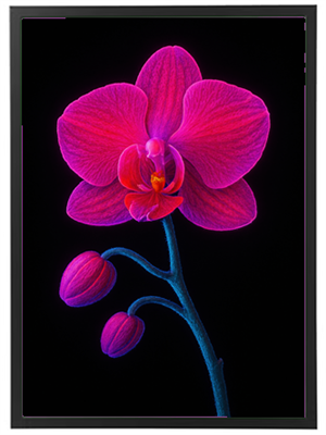 Et nærbillede af en smuk pink orkidé med knopper, præsenteret på en sort baggrund.