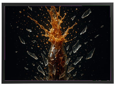 En flaske, der eksploderer og sprøjter væske og glasskår ud i en dramatisk scene.