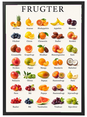 Illustration af forskellige frugter med navne på dansk, præsenteret i et organiseret layout.