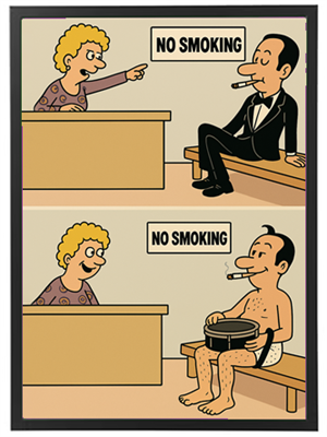 En komisk illustration af en retssal, hvor rygning er forbudt, men en mand ignorerer det.