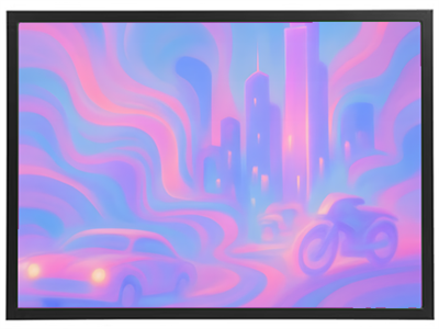 Et farverigt og abstrakt billede af en by med biler og motorcykler i en drømmende atmosfære.