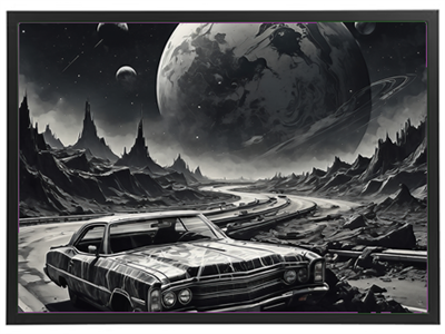Et sort-hvidt billede af en gammel bil på en snoet vej i et surrealistisk landskab med planeter.