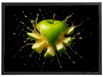 Et billede af et grønt æble, der sprøjter saft og skiver ud i en dramatisk bevægelse.