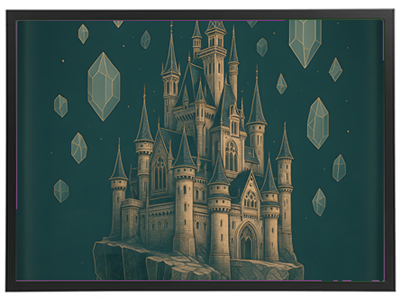 Et detaljeret slot på en klippe omgivet af svævende krystaller i en stjerneklar nat.