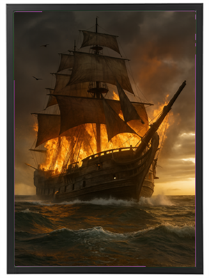 Et majestætisk skib i flammer, der sejler gennem oprørte vande under en dramatisk himmel.
