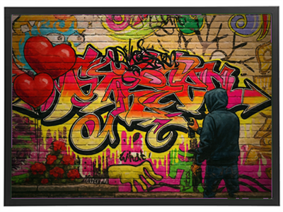 En person står foran en mur med farverig graffiti, der inkluderer hjerter og blomster.