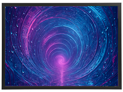 Et abstrakt billede af en spiralformet tunnel med glinsende overflader i blå og pink nuancer.