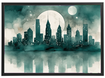 En akvarel af en skyline med en stor måne og stjerner, der reflekteres i vandet.