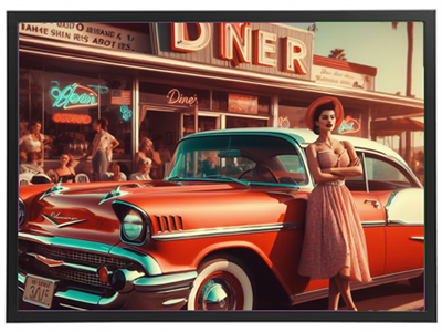 En retro diner med en rød vintage bil og en kvinde i 50er stil.