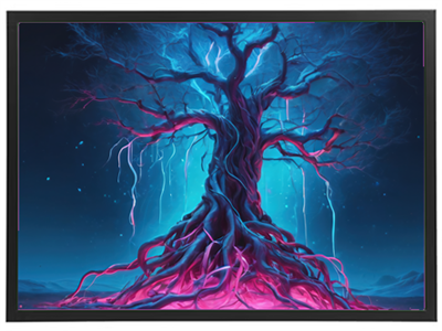 Et surrealistisk billede af et stort træ med farverige rødder og en lysende baggrund.