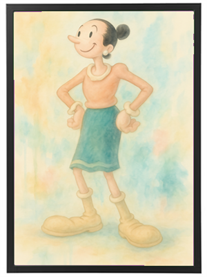 En glad karakter med langt hår, iført en bluse og nederdel, står med hænderne på hofterne.