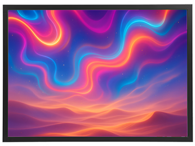 En livlig og farverig abstrakt komposition med bølgende linjer og gradienter.