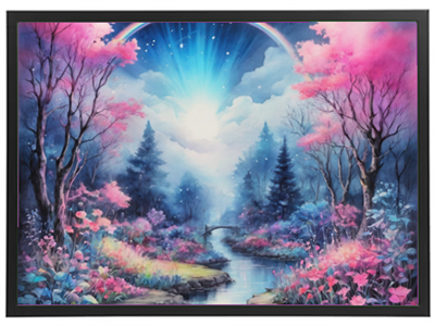 Et farverigt og fantasifuldt landskab med en glitrende flod, blomster og en regnbue.
