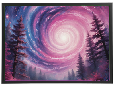 En farverig galakse med en spiralformet kerne, omgivet af mørke træer.